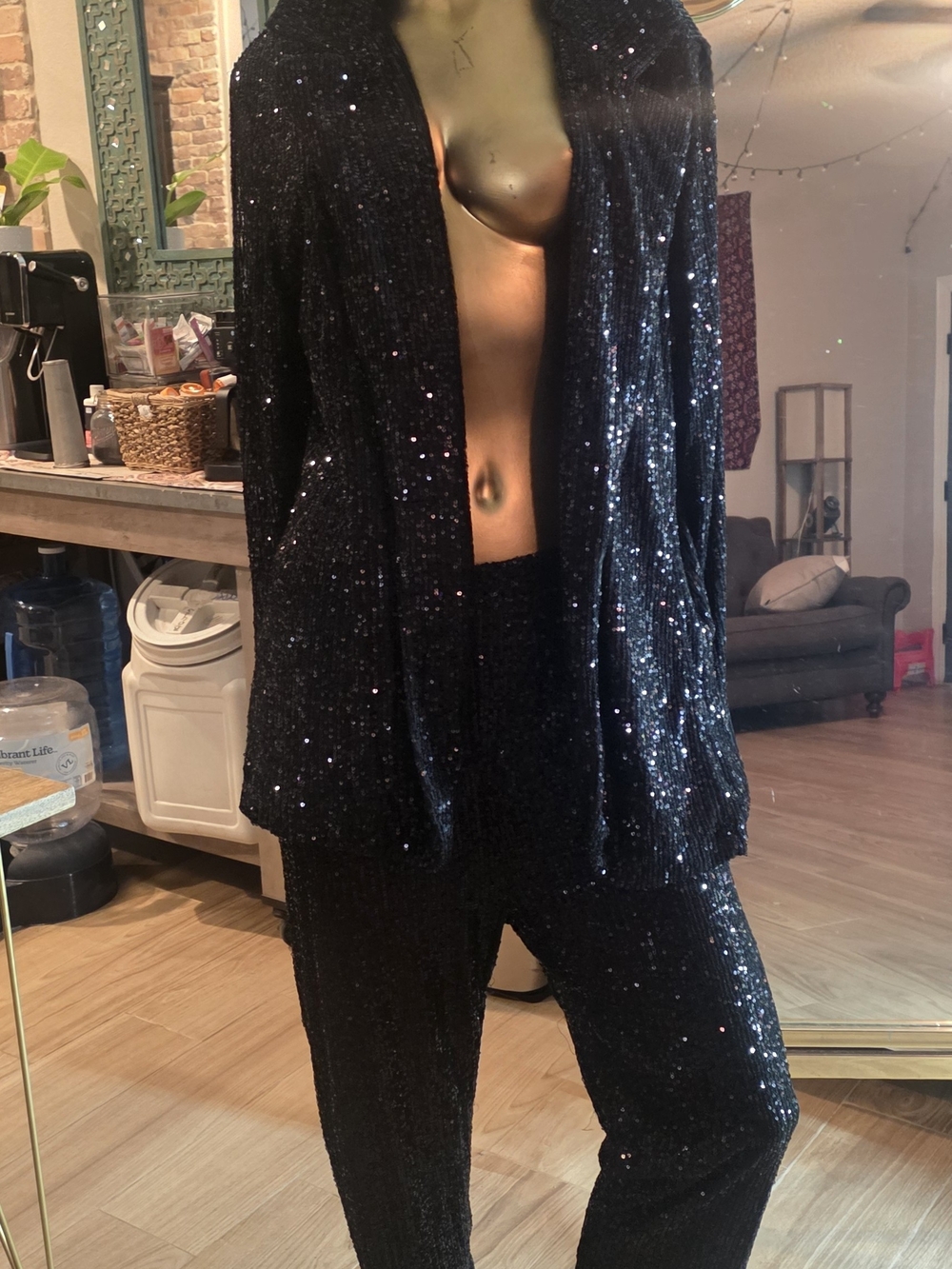 Fashion Nova Womans Black Sequin Blazer & Pants Set